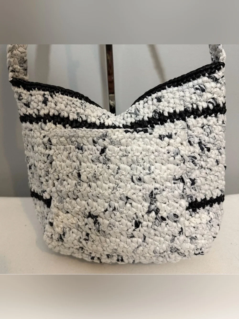 Crochet Hobo Bag Black White Stripe Boho Knit Shoulder Purse